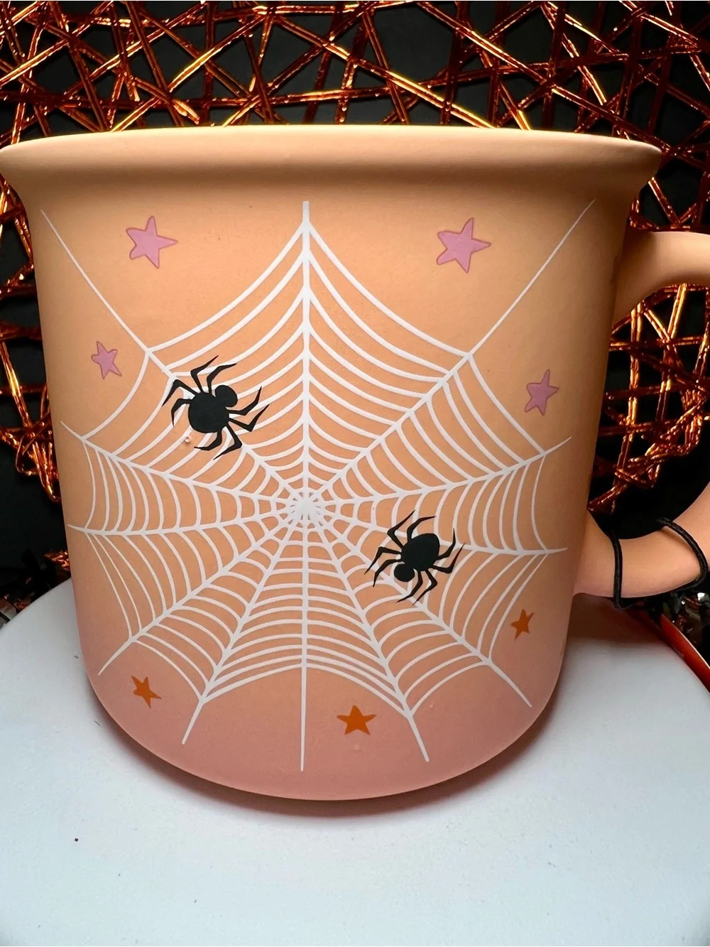Halloween Light Orange Spiderweb Mug with Black Spiders Ombré Stars Stoneware